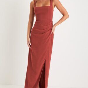 Lulus Glamorous Disposition Rust Ruched Maxi Dress Orange - Size M